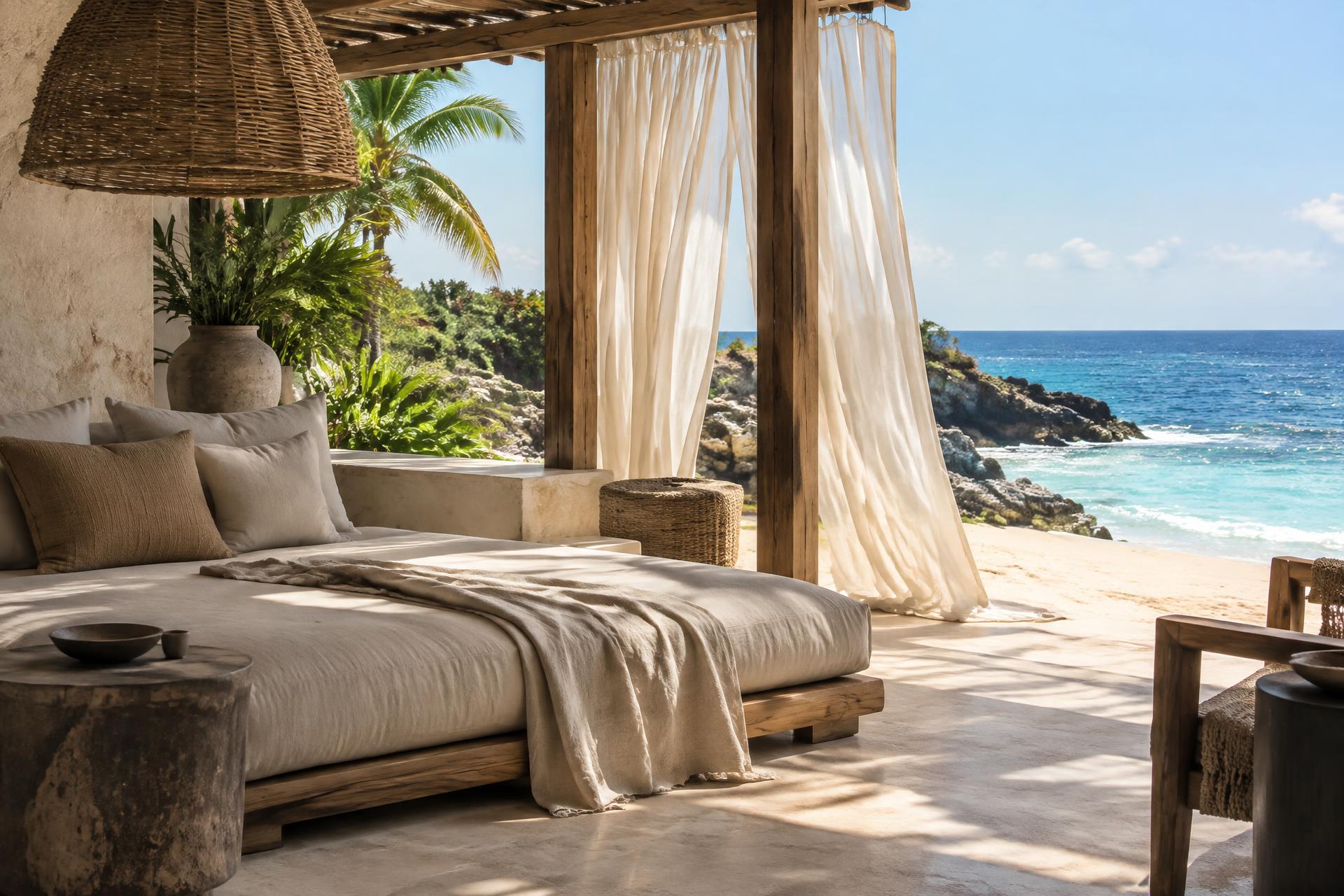 Open-air terrace with linen daybed looking out over sand and turquoise water